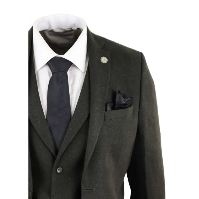 Mens Wool 3 Piece Suit Tweed Olive Green Black Tailored Fit Classic - Image 4