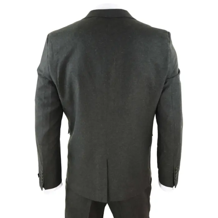 Mens Wool 3 Piece Suit Tweed Olive Green Black Tailored Fit Classic - Image 6