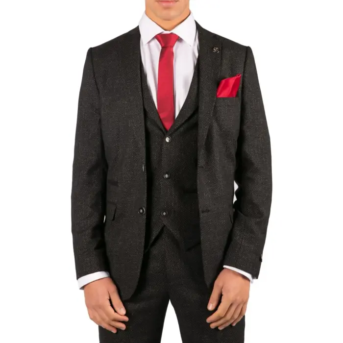 Mens Wool 3 Piece Suit Tweed Charcoal Black Tailored Fit Classic - Image 1