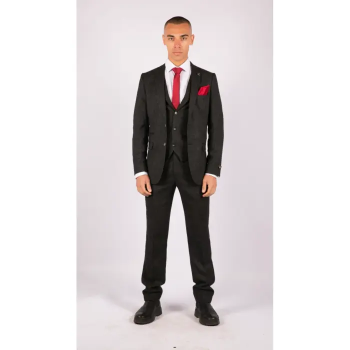 Mens Wool 3 Piece Suit Tweed Charcoal Black Tailored Fit Classic - Image 3