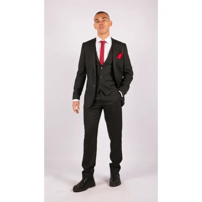 Mens Wool 3 Piece Suit Tweed Charcoal Black Tailored Fit Classic - Image 4