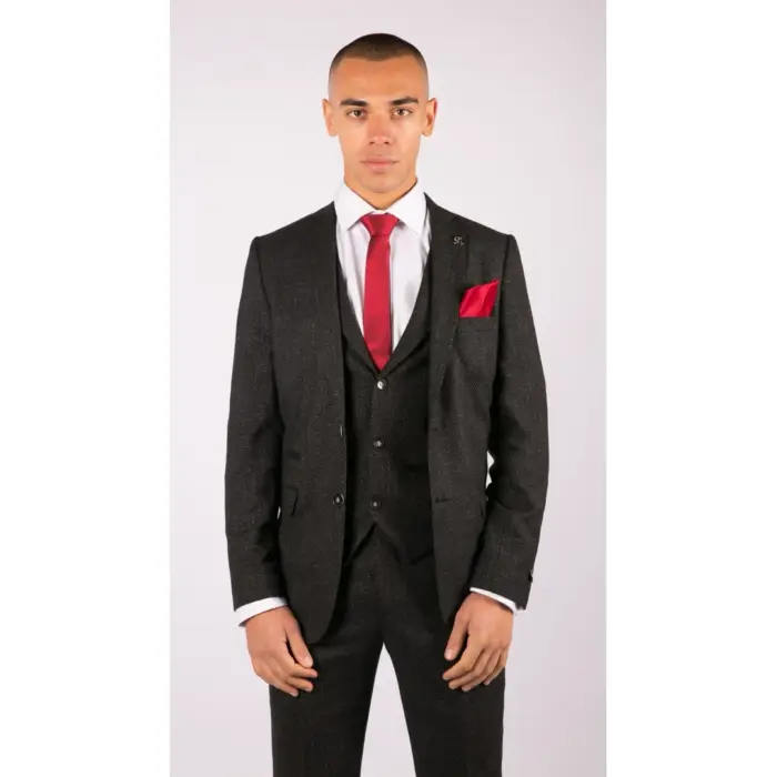 Mens Wool 3 Piece Suit Tweed Charcoal Black Tailored Fit Classic - Image 6