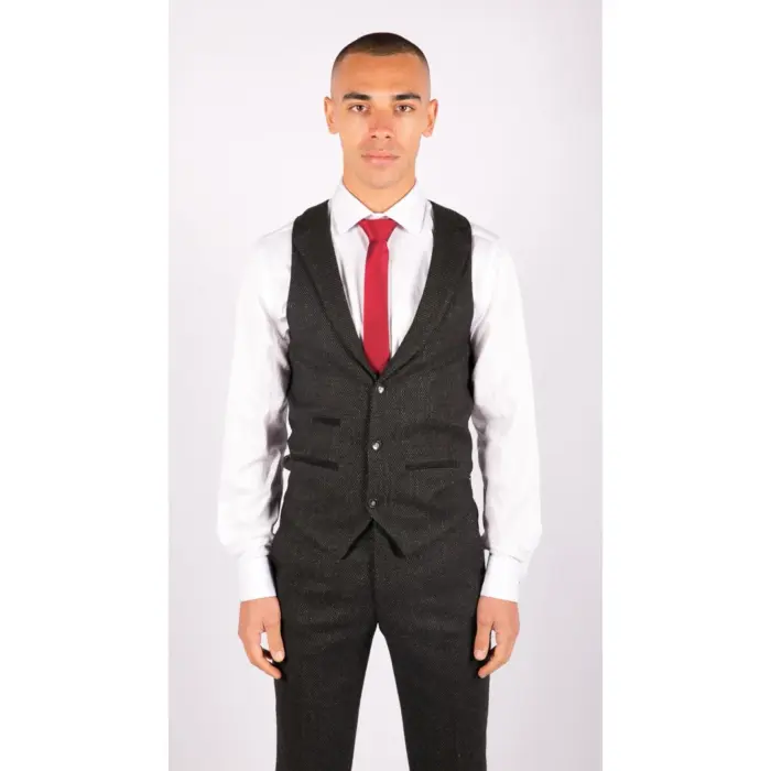 Mens Wool 3 Piece Suit Tweed Charcoal Black Tailored Fit Classic - Image 7