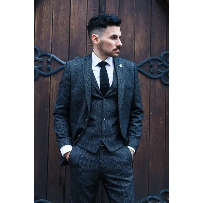 Mens Wool 3 Piece Suit Tweed Charcoal Black Tailored Fit Classic - Image 2