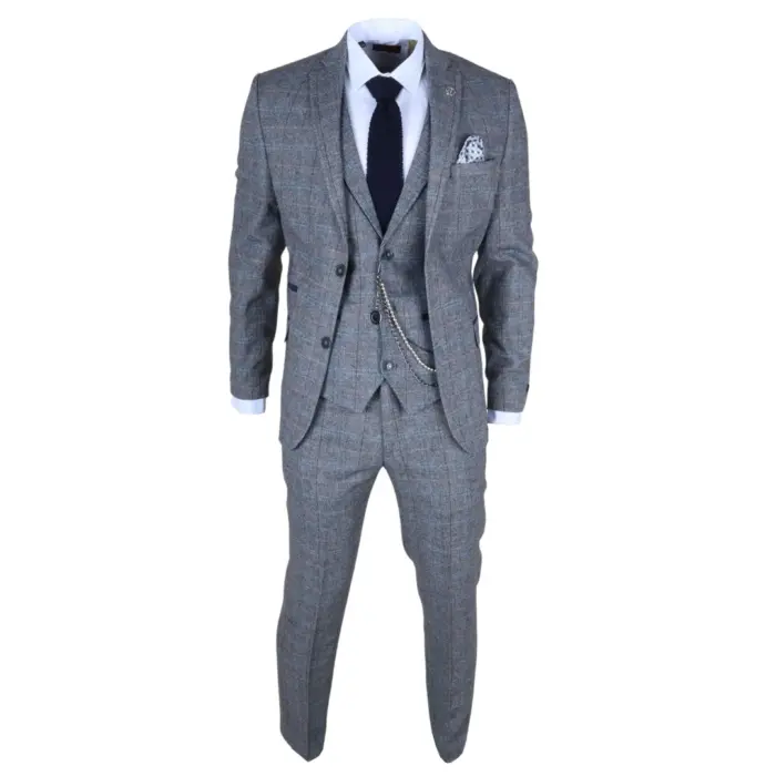 STZ74 - Men's 3 Piece Suit Wool Tweed Light Blue Grey Check - Image 3