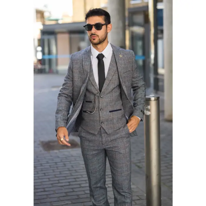 STZ74 - Men's 3 Piece Suit Wool Tweed Light Blue Grey Check - Image 2