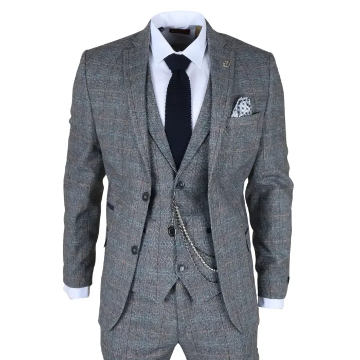 STZ74 - Men's 3 Piece Suit Wool Tweed Light Blue Grey Check - Image 1