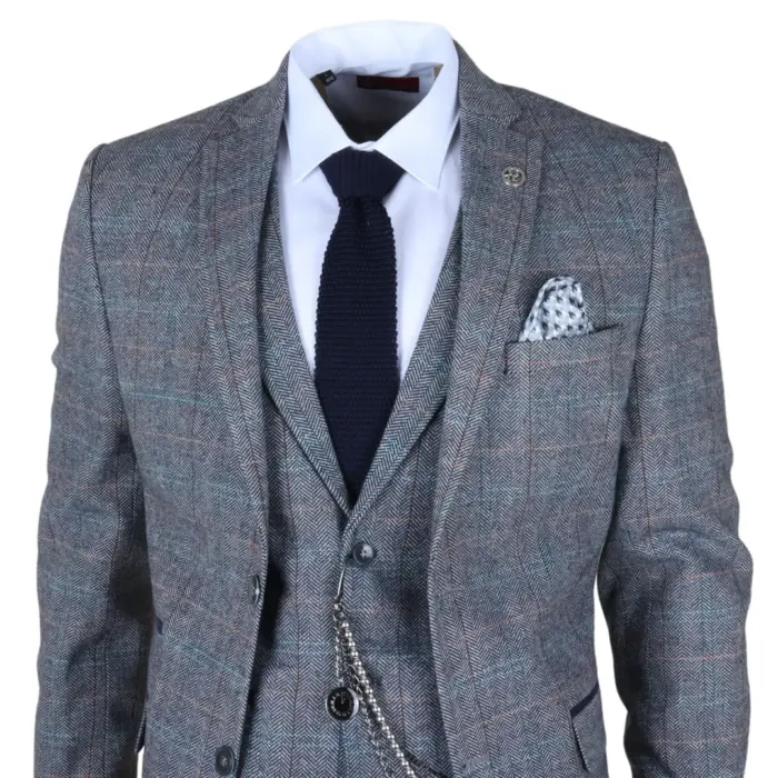 STZ74 - Men's 3 Piece Suit Wool Tweed Light Blue Grey Check - Image 4