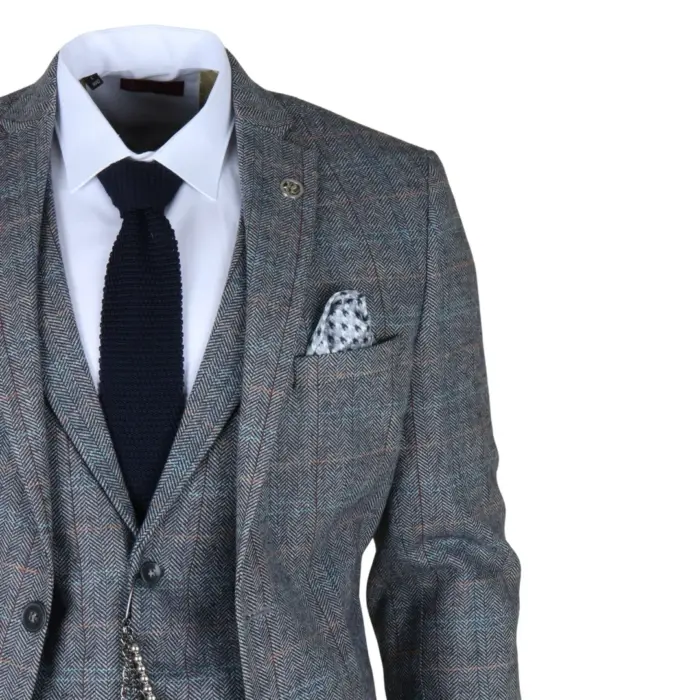STZ74 - Men's 3 Piece Suit Wool Tweed Light Blue Grey Check - Image 5
