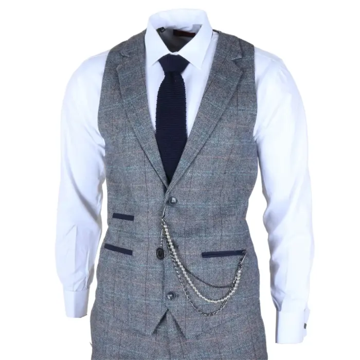 STZ74 - Men's 3 Piece Suit Wool Tweed Light Blue Grey Check - Image 6