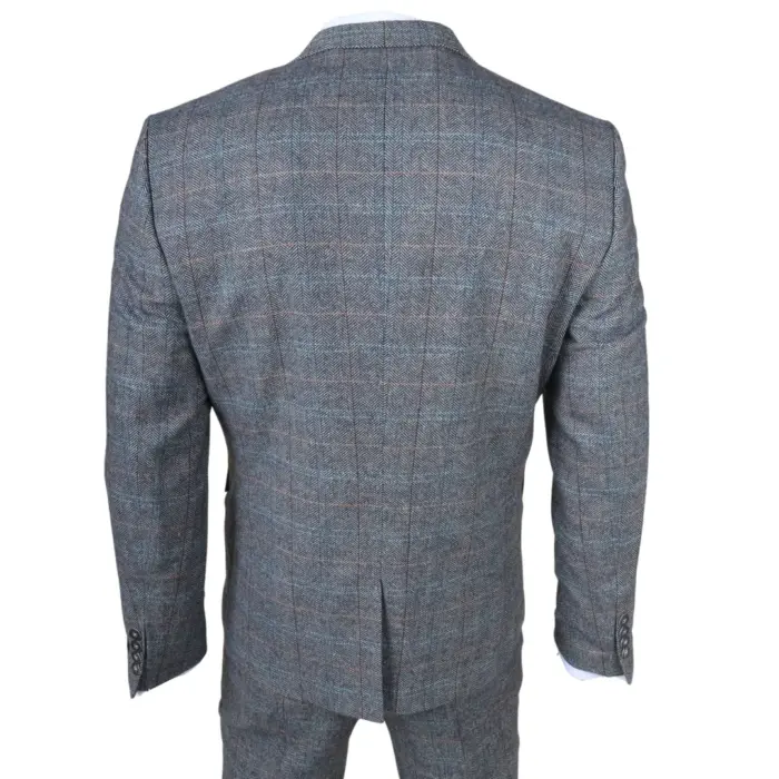 STZ74 - Men's 3 Piece Suit Wool Tweed Light Blue Grey Check - Image 7