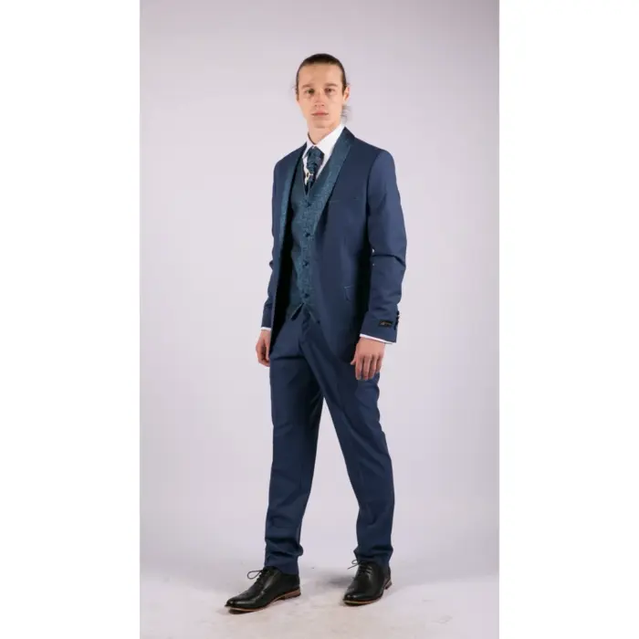Mens 4 Piece Wedding Suit Groom Shawl Collar Vintage Blue Cravat Tailored Fit - Image 2