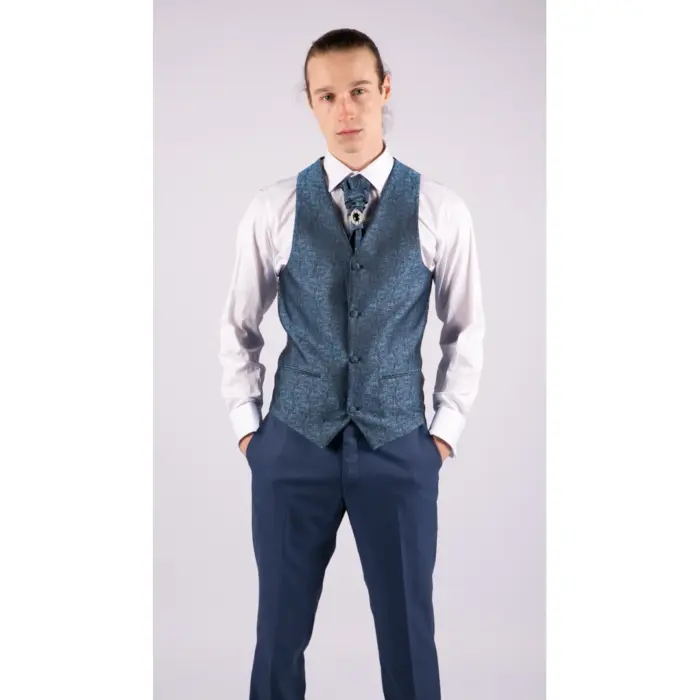 Mens 4 Piece Wedding Suit Groom Shawl Collar Vintage Blue Cravat Tailored Fit - Image 4