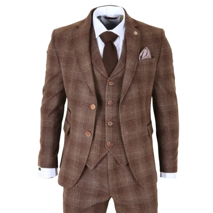 TP-31 - Men's Brown Tweed Check 3 Piece Suit - Image 1
