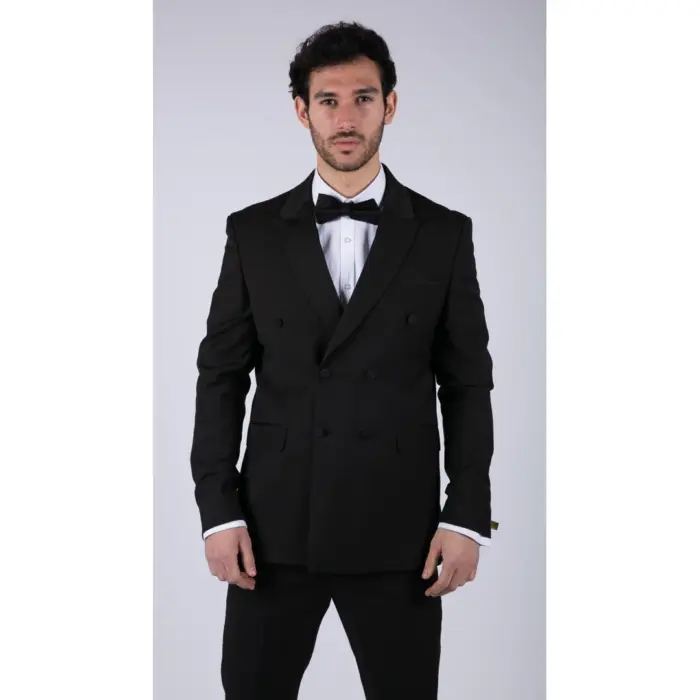 Mens Double Breasted Black Tuxedo Suit Dinner Jacket Stripe Trouser Tux Classic Satin - Image 2