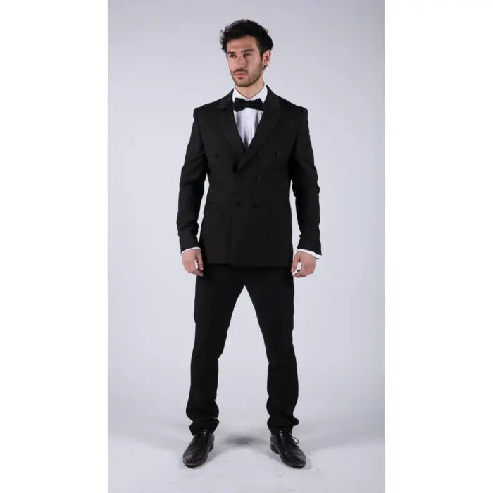 Mens Double Breasted Black Tuxedo Suit Dinner Jacket Stripe Trouser Tux Classic Satin - Image 3