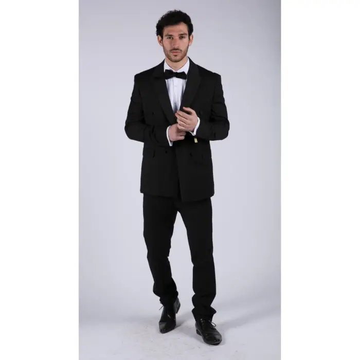 Mens Double Breasted Black Tuxedo Suit Dinner Jacket Stripe Trouser Tux Classic Satin - Image 4