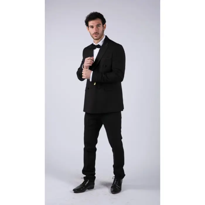 Mens Double Breasted Black Tuxedo Suit Dinner Jacket Stripe Trouser Tux Classic Satin - Image 5