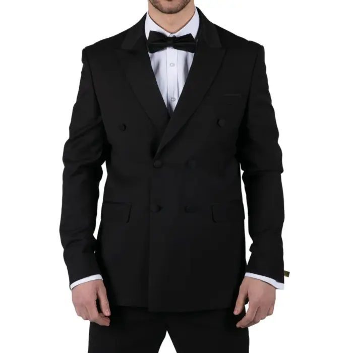 Mens Double Breasted Black Tuxedo Suit Dinner Jacket Stripe Trouser Tux Classic Satin - Image 1