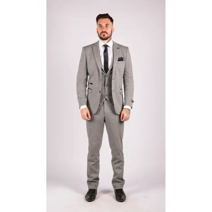 Mens Light Grey 3 Piece Tweed Suit Herringbone Wool Vintage Retro - Image 2