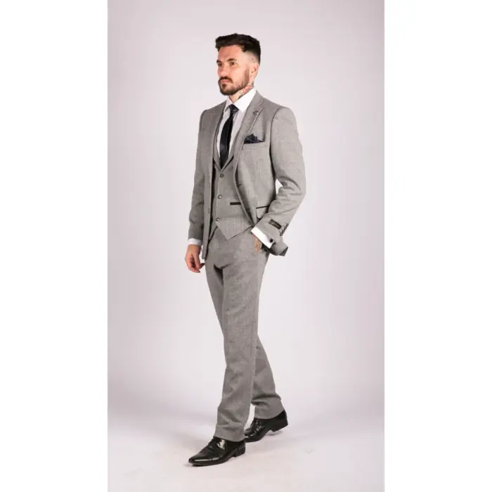 Mens Light Grey 3 Piece Tweed Suit Herringbone Wool Vintage Retro - Image 3