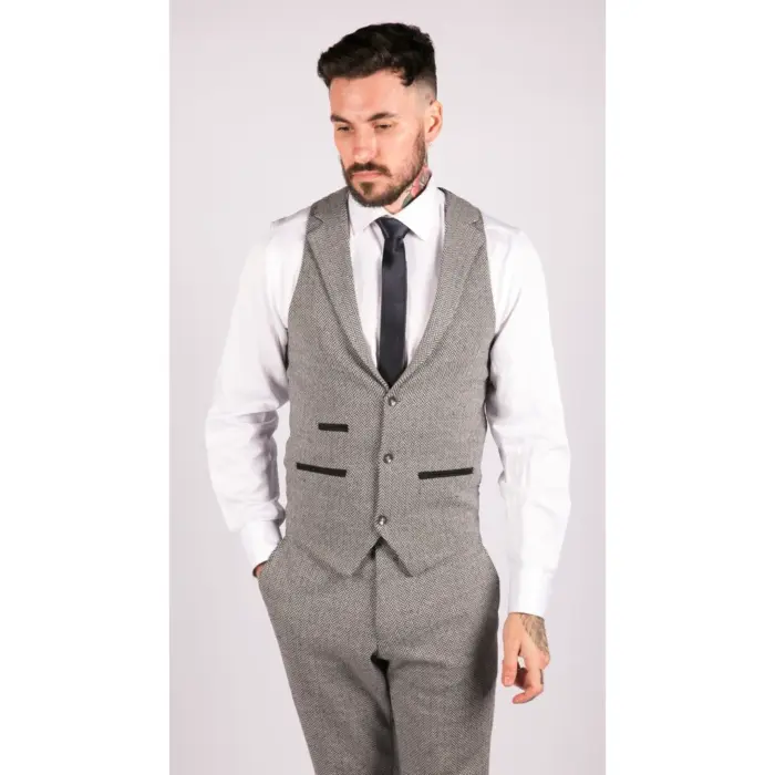 Mens Light Grey 3 Piece Tweed Suit Herringbone Wool Vintage Retro - Image 4