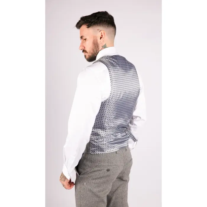 Mens Light Grey 3 Piece Tweed Suit Herringbone Wool Vintage Retro - Image 5