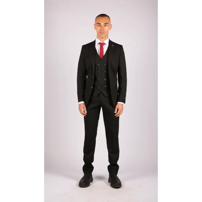 Mens 3 Piece Black Suit Gatsby 1920s Gangster Pinstripe Tailored Fit - Image 3
