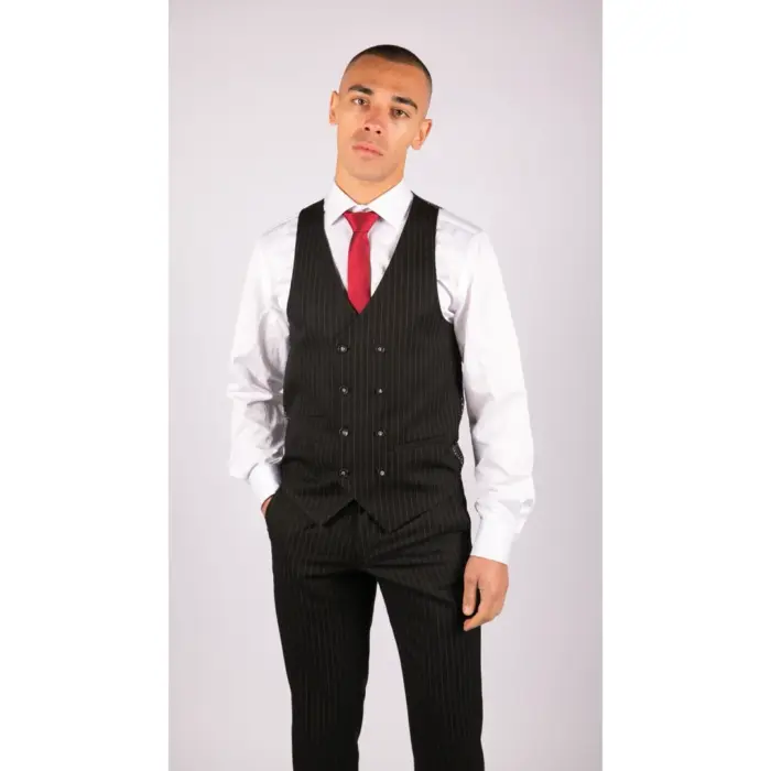 Mens 3 Piece Black Suit Gatsby 1920s Gangster Pinstripe Tailored Fit - Image 4