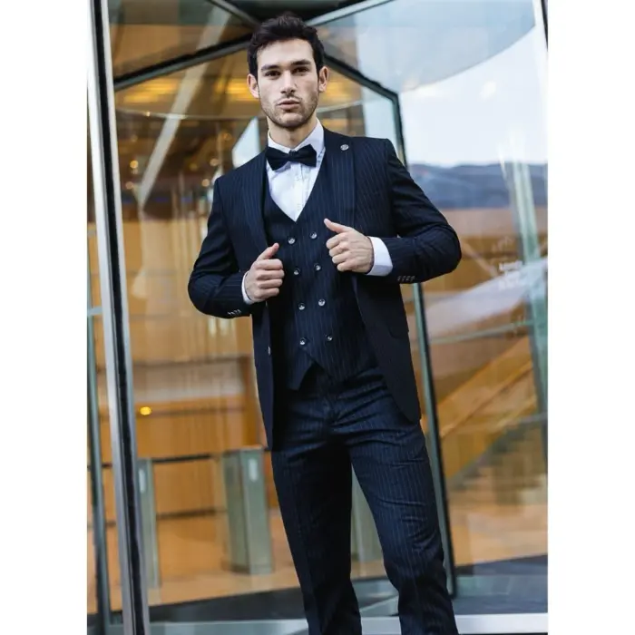 Mens 3 Piece Black Suit Gatsby 1920s Gangster Pinstripe Tailored Fit - Image 2