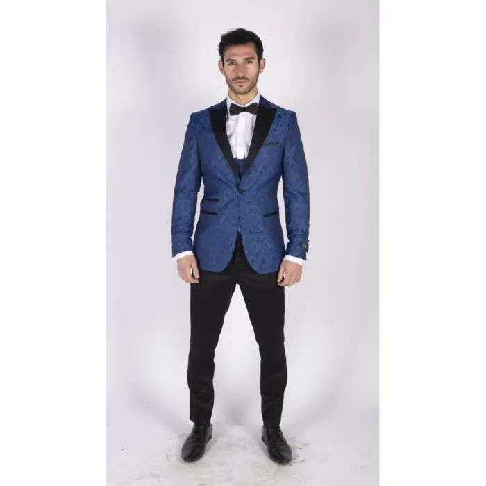 Mens Paisley Tuxedo Blazer And Waistcoat Brocade Dinner Jacket Satin Black Blue - Image 2