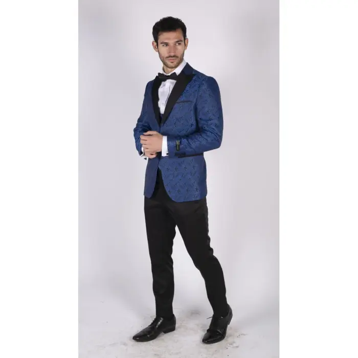 Mens Paisley Tuxedo Blazer And Waistcoat Brocade Dinner Jacket Satin Black Blue - Image 3