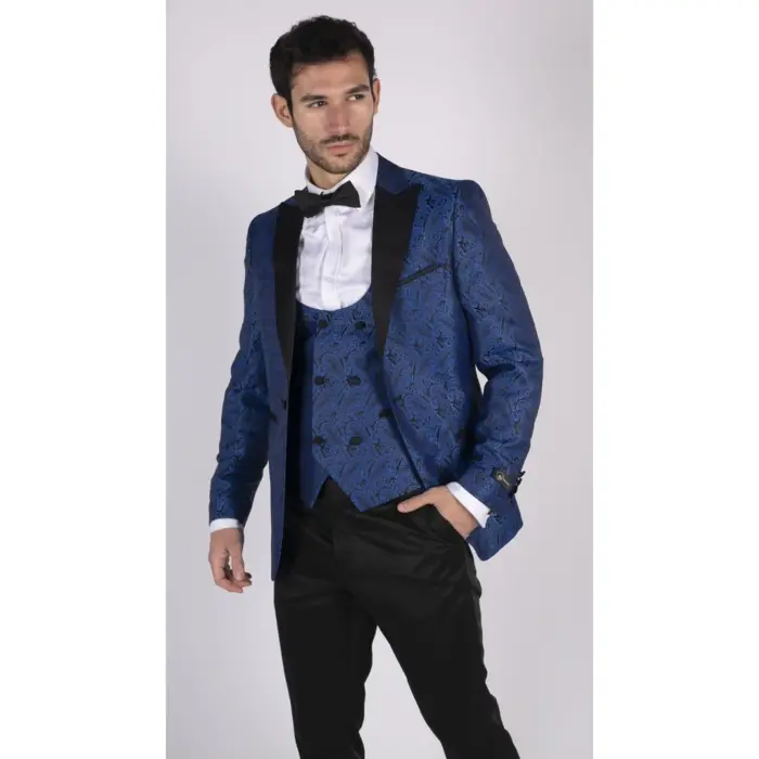 Mens Paisley Tuxedo Blazer And Waistcoat Brocade Dinner Jacket Satin Black Blue - Image 4