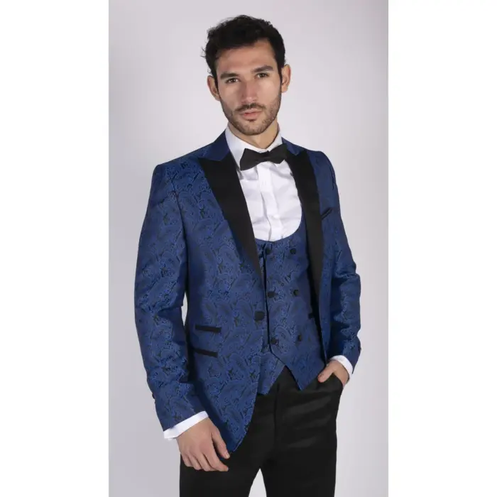 Mens Paisley Tuxedo Blazer And Waistcoat Brocade Dinner Jacket Satin Black Blue - Image 5