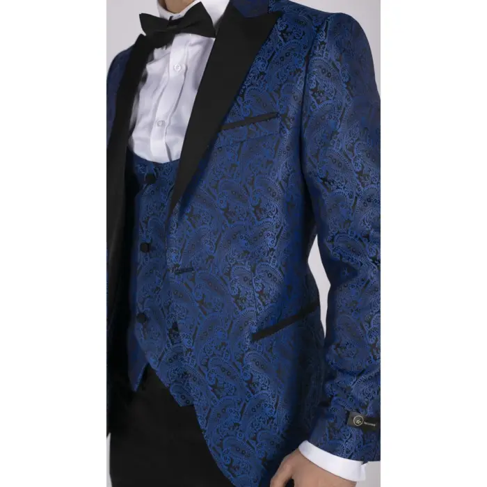 Mens Paisley Tuxedo Blazer And Waistcoat Brocade Dinner Jacket Satin Black Blue - Image 6
