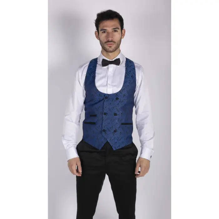 Mens Paisley Tuxedo Blazer And Waistcoat Brocade Dinner Jacket Satin Black Blue - Image 7