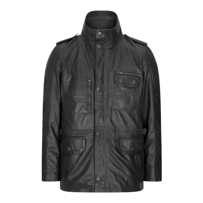 Mens 3/4 Tailored Fit Safari Parka Jacket Genuine Real Leather Military Black - Image 1