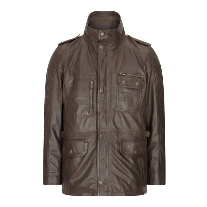 Mens 3/4 Tailored Fit Safari Parka Jacket Genuine Real Leather Military Black - Image 6