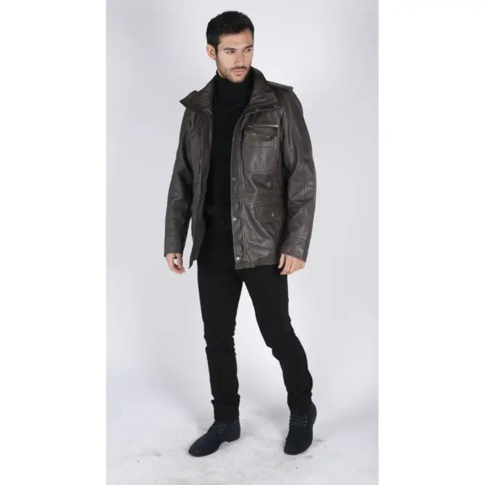 Mens 3/4 Tailored Fit Safari Parka Jacket Genuine Real Leather Military Black - Image 7