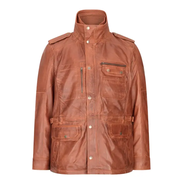 Mens 3/4 Tailored Fit Safari Parka Jacket Genuine Real Leather Military Black - Image 11