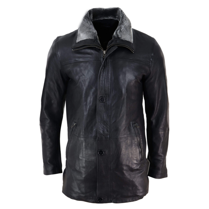 Mens 3/4 Long Real Leather Safari Jacket Classic Car Coat Zip Button Cover - Image 1