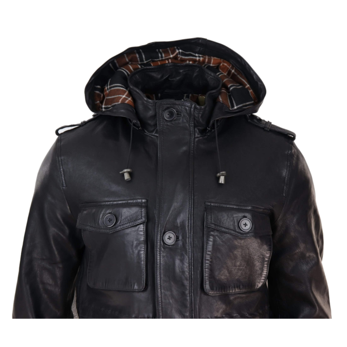 Mens 3/4 Long Real Leather Duffle Jacket Coat Safari Detachable Hood Military - Image 3