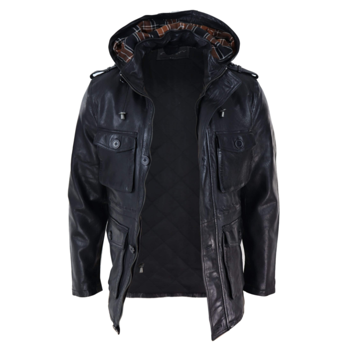Mens 3/4 Long Real Leather Duffle Jacket Coat Safari Detachable Hood Military - Image 4