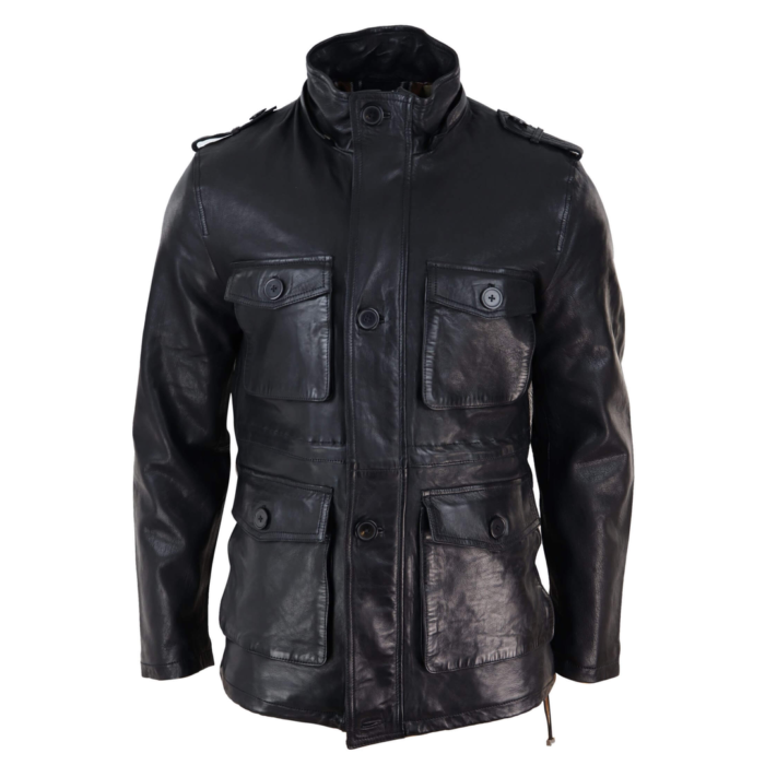 Mens 3/4 Long Real Leather Duffle Jacket Coat Safari Detachable Hood Military - Image 5
