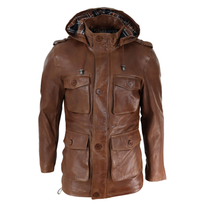 Mens 3/4 Long Real Leather Duffle Jacket Coat Safari Detachable Hood Military - Image 7
