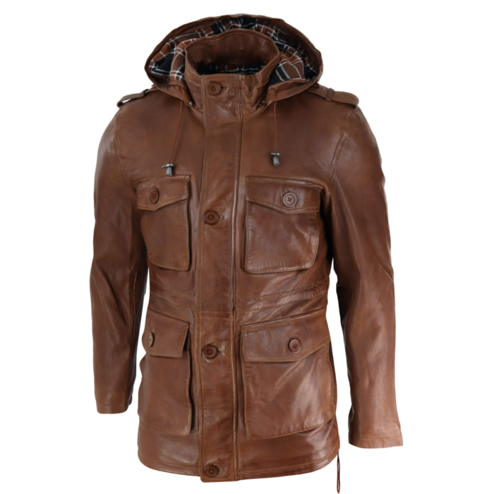 Mens 3/4 Long Real Leather Duffle Jacket Coat Safari Detachable Hood Military - Image 8