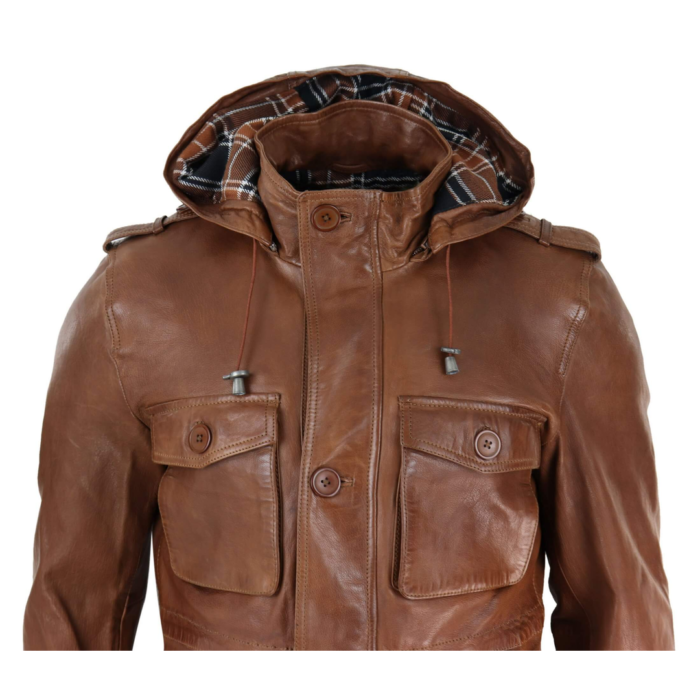 Mens 3/4 Long Real Leather Duffle Jacket Coat Safari Detachable Hood Military - Image 9