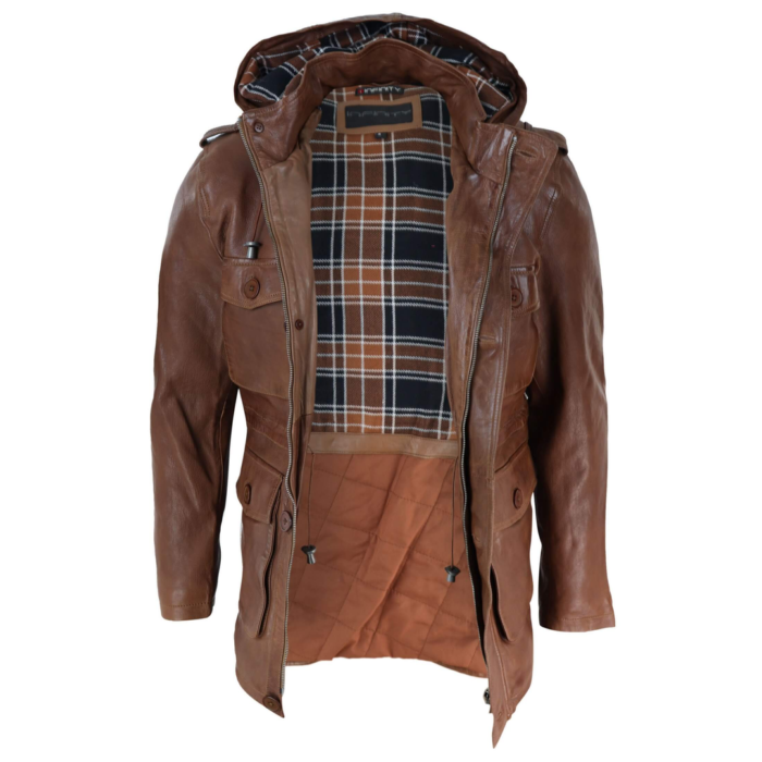Mens 3/4 Long Real Leather Duffle Jacket Coat Safari Detachable Hood Military - Image 10