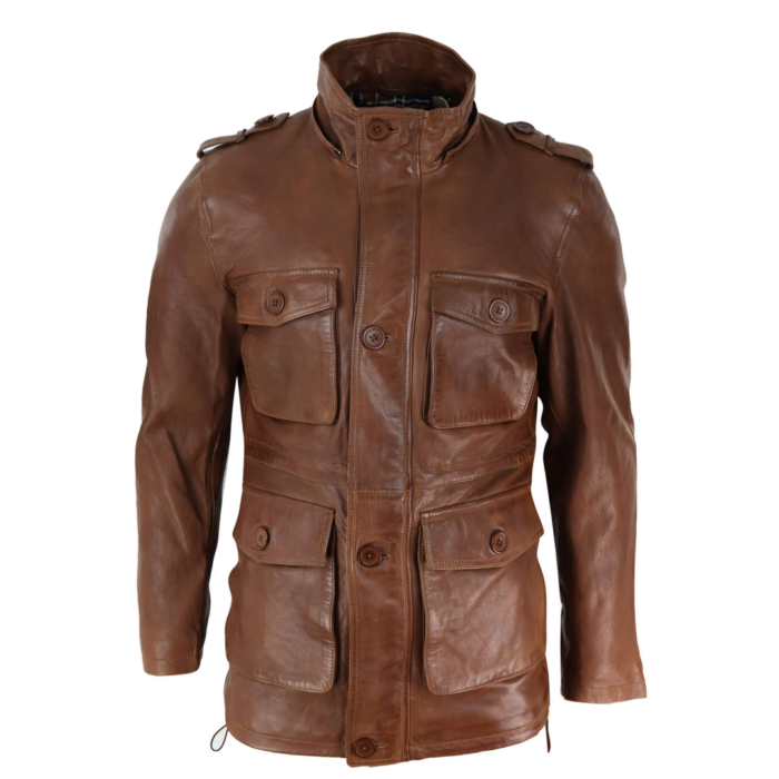 Mens 3/4 Long Real Leather Duffle Jacket Coat Safari Detachable Hood Military - Image 11