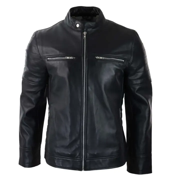 Mens Black Real Leather Jacket Short Zipped Biker Style Classic Vintage Retro - Image 1